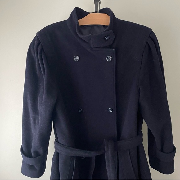 Vintage Wool Cashmere Long Coat Overcoat Maxi Longline Belted Navy Blue Size 12 - Picture 4 of 14